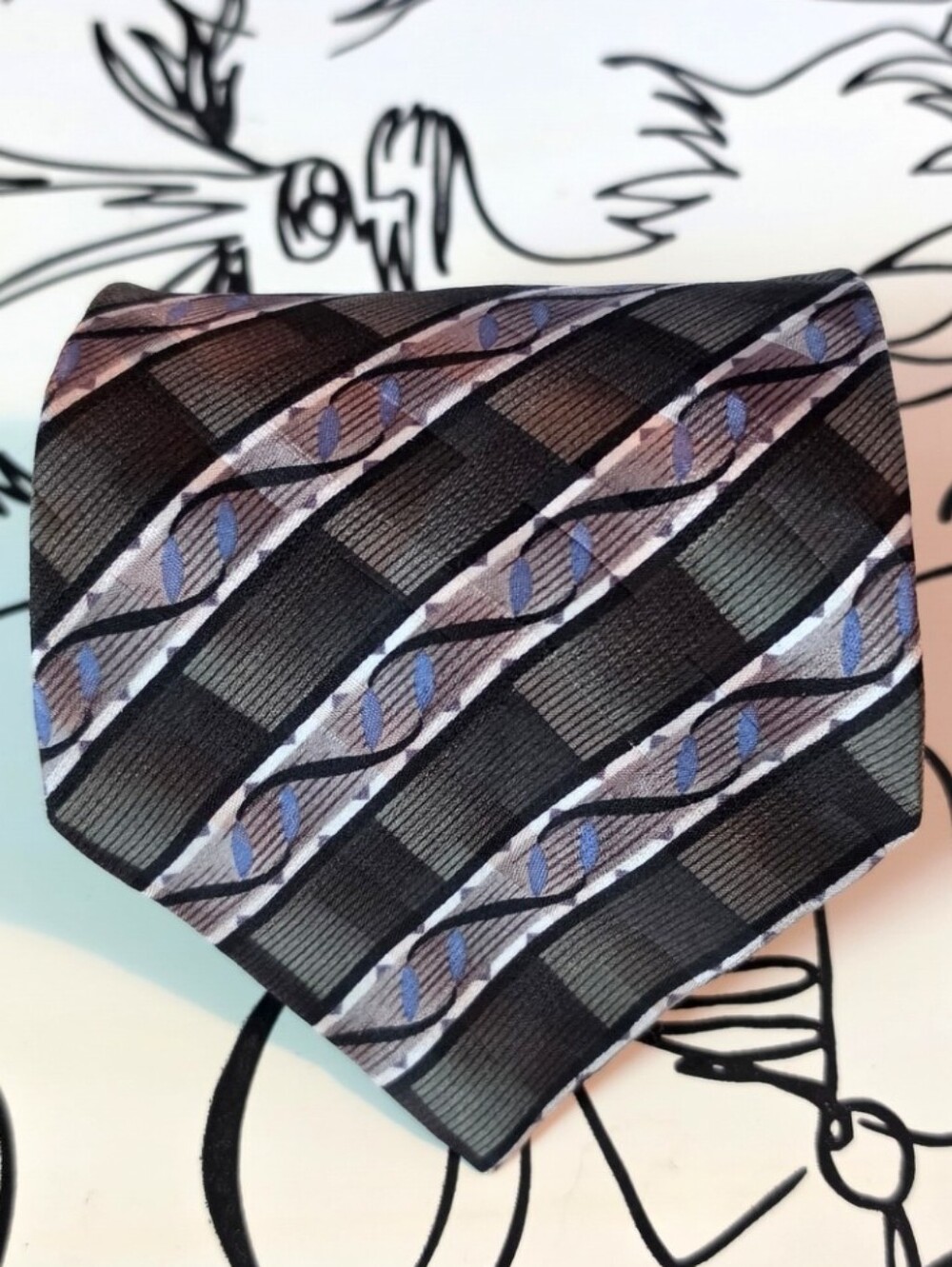 Conte di Milano Silk Tie Mens Brown Gray Blue Geometric Diagonal Stripe Necktie